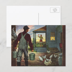 Oude Zakelijke Boerderij met Boer en Kippen Briefkaart