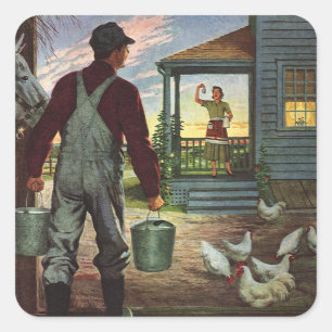 Oude Zakelijke Boerderij met Boer en Kippen Vierkante Sticker