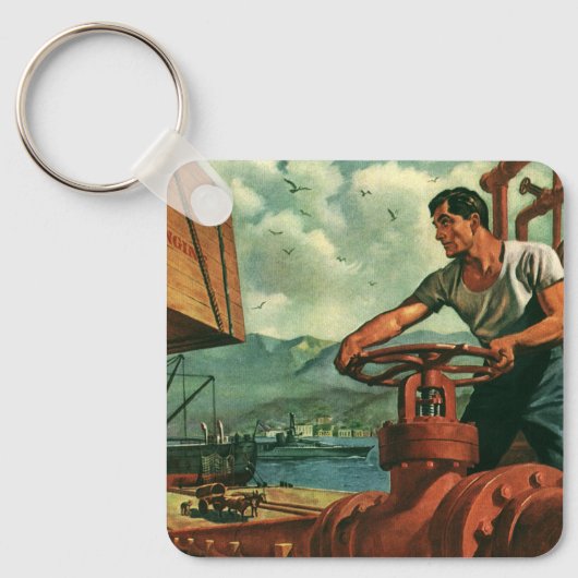 Oude Zakelijke, Olie Tanker Schip met Dock Arbeide Sleutelhanger (Voorkant)
