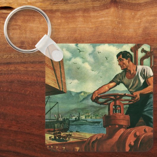 Oude Zakelijke, Olie Tanker Schip met Dock Arbeide Sleutelhanger (Voorkant)