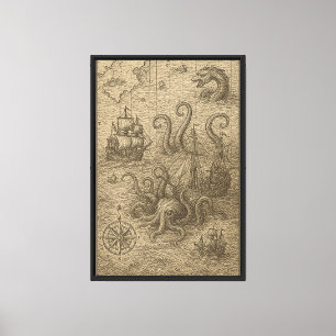 Oude Zee kaart graveren Canvas Afdruk