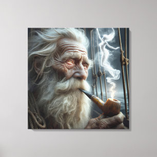 Oude zeeman die een pijp rookt canvas afdruk