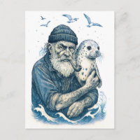 Oude zeeman met zeehond