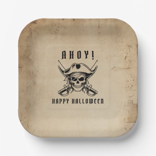 Oude Zeeroverschedel Halloween Papieren Bordje (Voorkant)