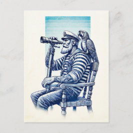 Oude Zeiler met Verrekijker en een Papegaai Briefkaart