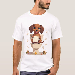 Oude Zoete Dachshund op Toilet Cartoon Badkamer  T-shirt