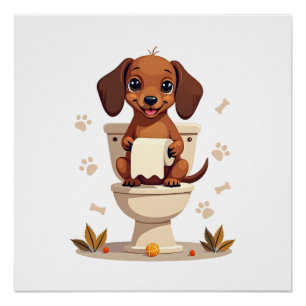 Oude zoete takshond op toilet cartoon badkamer perfect poster