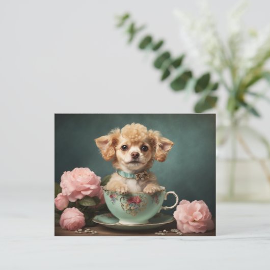 Oude Zoete Theekopje Poodle Puppy Hond Roos Portre Briefkaart (Staand voorkant)