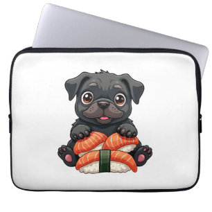 Oude zoete zwarte Pug Sushi Cartoon Vector Illustr Laptop Sleeve