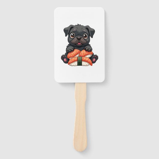 Oude zoete zwarte pug sushi cartoon vectorillustra handwaaier (Voorkant)