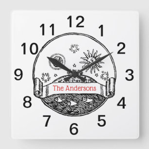 Oude Zon Maan Sterren Oceaan Planeet Aarde Tekenin Vierkante Klok