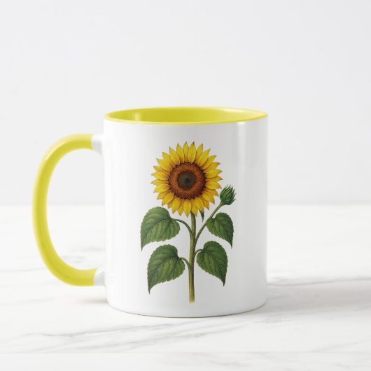 Oude zonnebloem mok met gele handvat, binnenkant (Links)