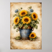 Oude zonnebloemen in roestige emmer poster (Voorkant)