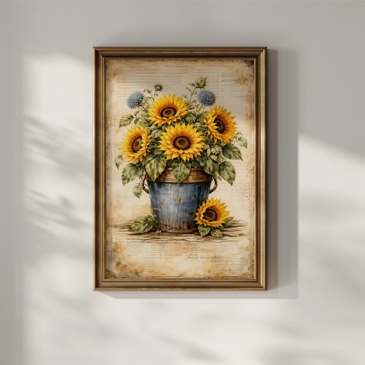 Oude zonnebloemen in roestige emmer poster