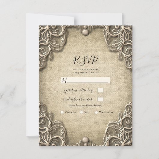 Oude Zuidelijke Charme Burlap Kant Trouw-RSVP  Kaart (Voorkant)