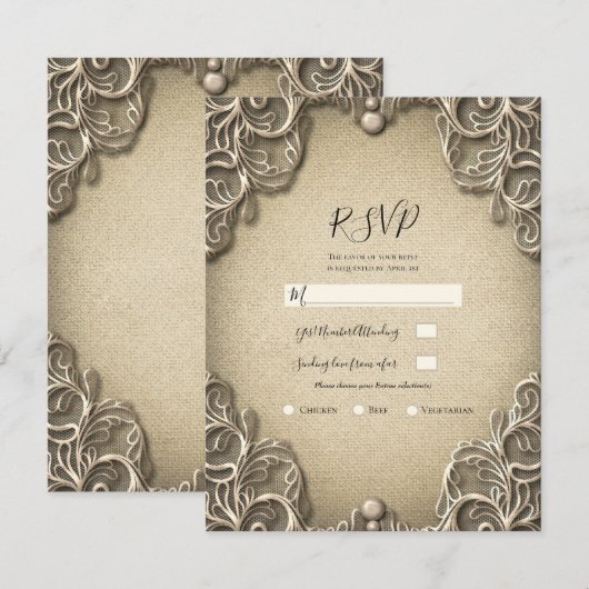 Oude Zuidelijke Charme Burlap Kant Trouw-RSVP  Kaart (Voorkant / Achterkant)