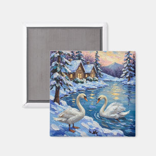 Oude zwanen op een wintermeer Kerstschilderij Magneet