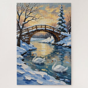 Oude zwanenfamilie onder besneeuwde brugschilderij legpuzzel