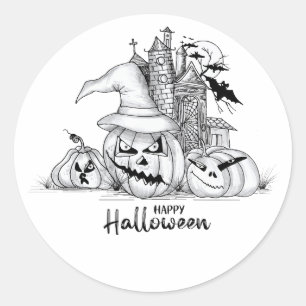 Oude zwart-wit heksenketel spooky pompoen ronde sticker