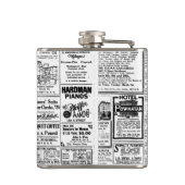 Oude zwart-witkrant, retro-advertentie heupfles (Achterkant)