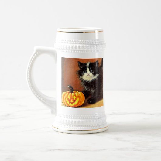 Oude zwarte en witte Halloween kitten Bierpul (Links)