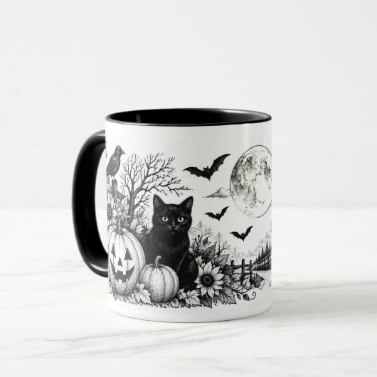 Oude zwarte en witte Halloween mok (Voorkant links)