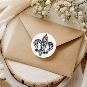 Oude zwarte en witte kantachtige Fleur De Lis Ronde Sticker