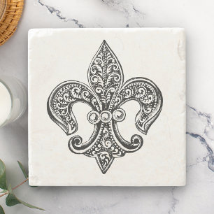 Oude zwarte en witte kantachtige Fleur De Lis Stenen Onderzetter