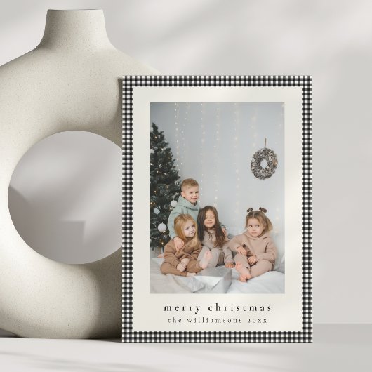 Oude Zwarte Geruite Verticale Foto Kerstmis Feestdagenkaart