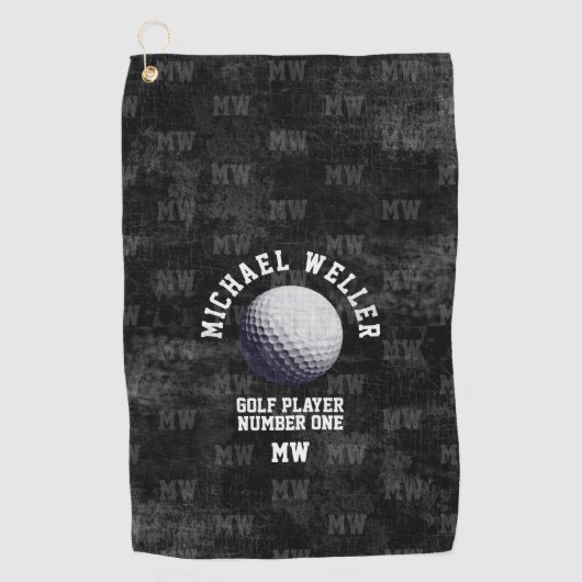 Oude zwarte golfhanddoek met golfnaam golfhanddoek (Voorkant)