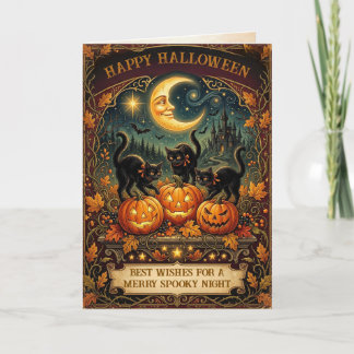 Oude Zwarte Kat Antiek Retro Halloween Kaart