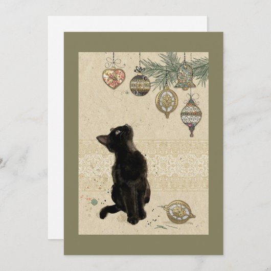 Oude zwarte kat die versieringen bekijkt feestdagenkaart (Voorkant / Achterkant)