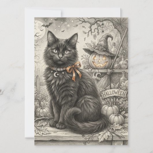 Oude Zwarte Kat Halloween Kaart (Voorkant)