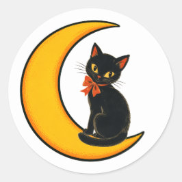 Oude Zwarte Kat op Halvemaan Halloween Ronde Sticker