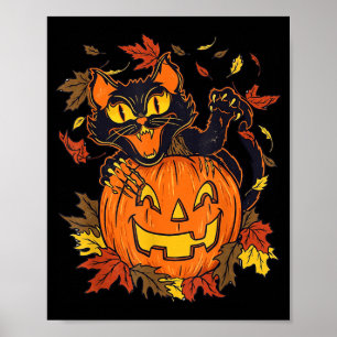 Oude Zwarte Kat Pompoen Halloween Griezelige Herfs Poster