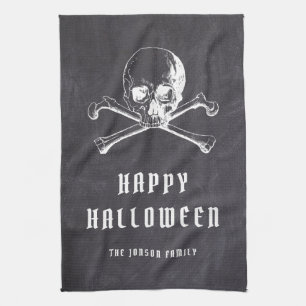 Oude Zwarte Piraat Schedel & Botten Halloween Theedoek
