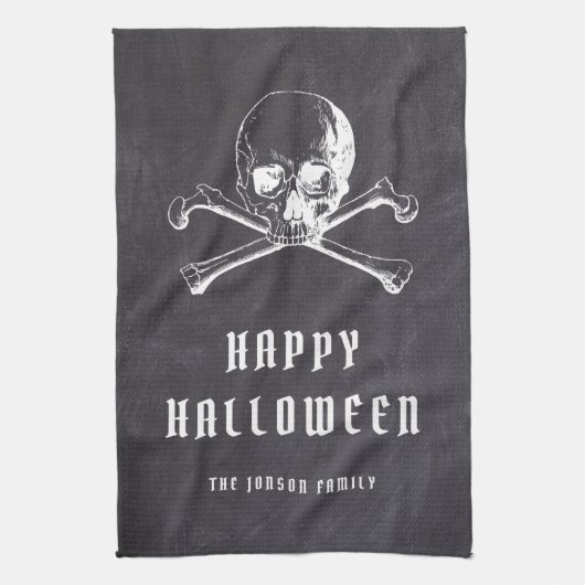 Oude Zwarte Piraat Schedel & Botten Halloween Theedoek (Verticaal)