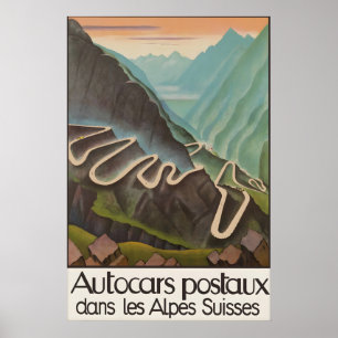 Oude Zwitserse Alpen Reisposter Autocars Postaux Poster
