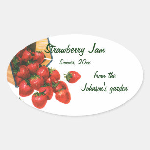 Oudeaardse Aardbeien in Mand, Voedsel Fruit Bessen Ovale Sticker