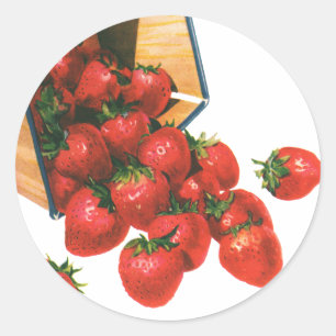 Oudeaardse aardbeien in mand, voedsel fruit bessen ronde sticker
