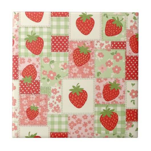 Oudeaardse Aardbeienpicknick Patchwork Patroon Tegeltje (Voorkant)