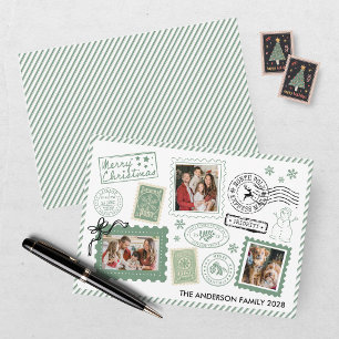Oudegroene Postzegel Foto Kerstmis Feestdagenkaart