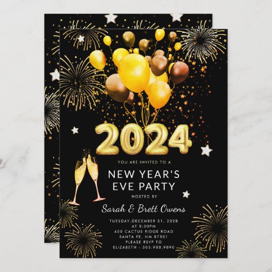 Oudejaarsavond 2023 Gouden ballonnen Vuurwerk Kaart (Voorkant / Achterkant)