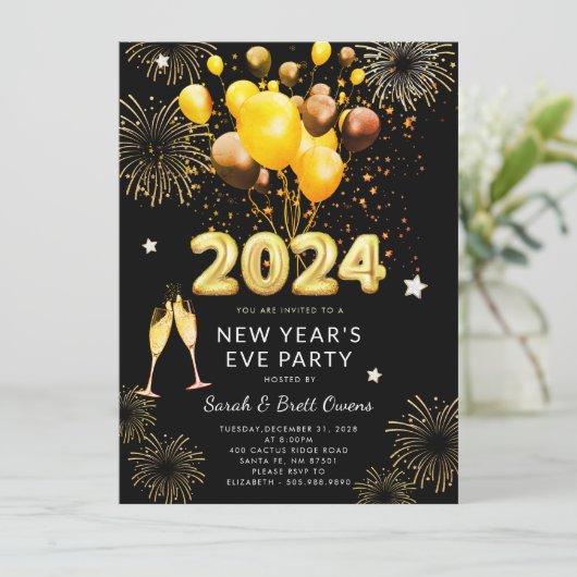 Oudejaarsavond 2023 Gouden ballonnen Vuurwerk Kaart (Staand voorkant)