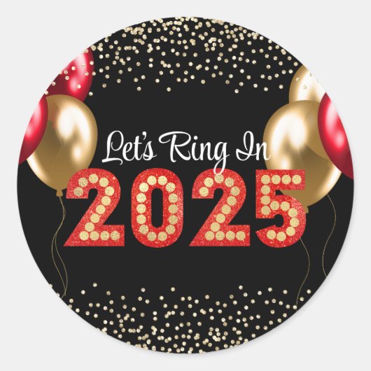 Oudejaarsavond 2025 Feest Rood & Goud Marquee Zwar Ronde Sticker (Voorkant)