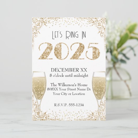 Oudejaarsavond 2025 Gold Glitter  Champagne Kaart (Staand voorkant)