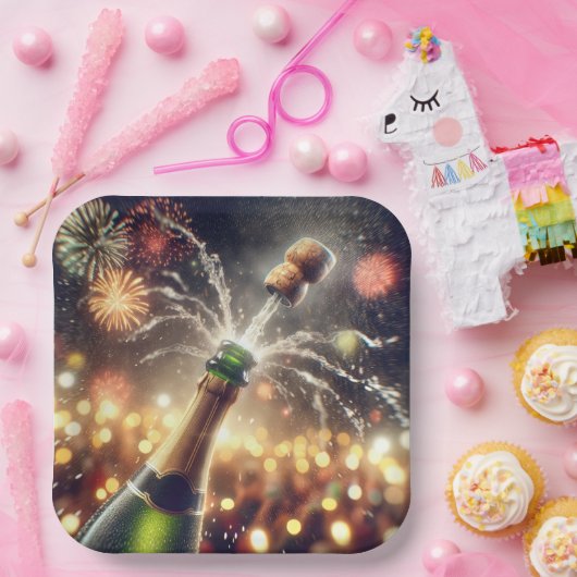 Oudejaarsavond Champagne met knallende kurk Papieren Bordje (Feest)