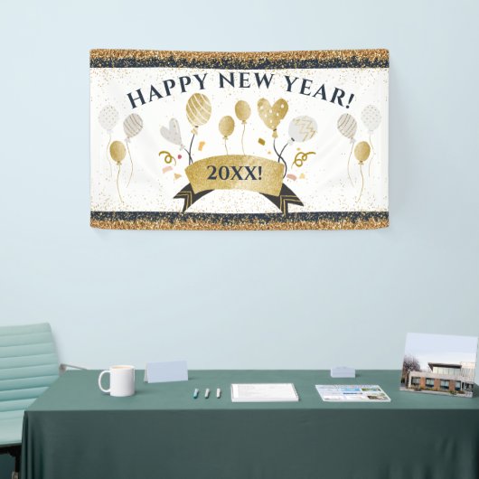 Oudejaarsavond feestbanner met gouden ballonnen spandoek (Beurs)
