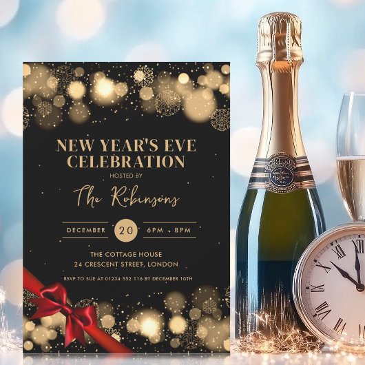 Oudejaarsavond Goud Zwart Winter Wonder Red Bow Kaart