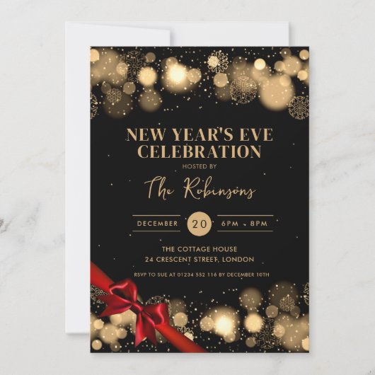 Oudejaarsavond Goud Zwart Winter Wonder Red Bow Kaart (Voorkant)
